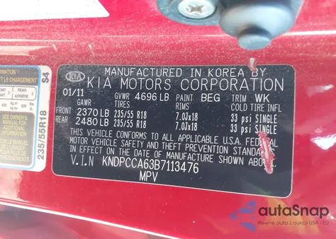 2011 Kia Sportage Sx z USA, uszkodzony, nr VIN KNDPCCA63B7113476